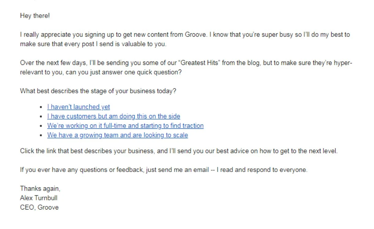 Groove welcome email example plain text email from ceo